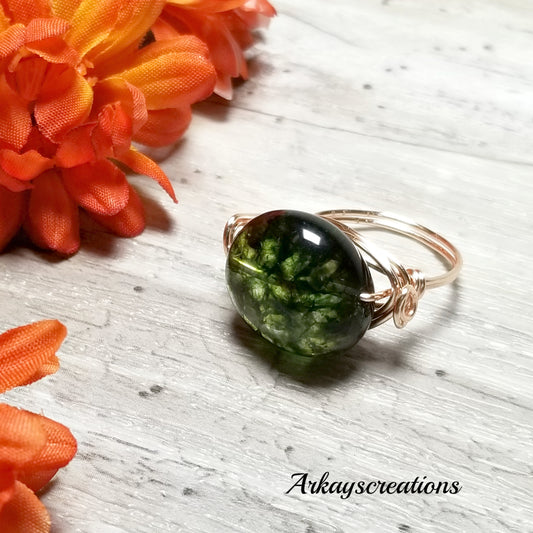 Rose Gold Wrapped Ring, Green Stone Ring