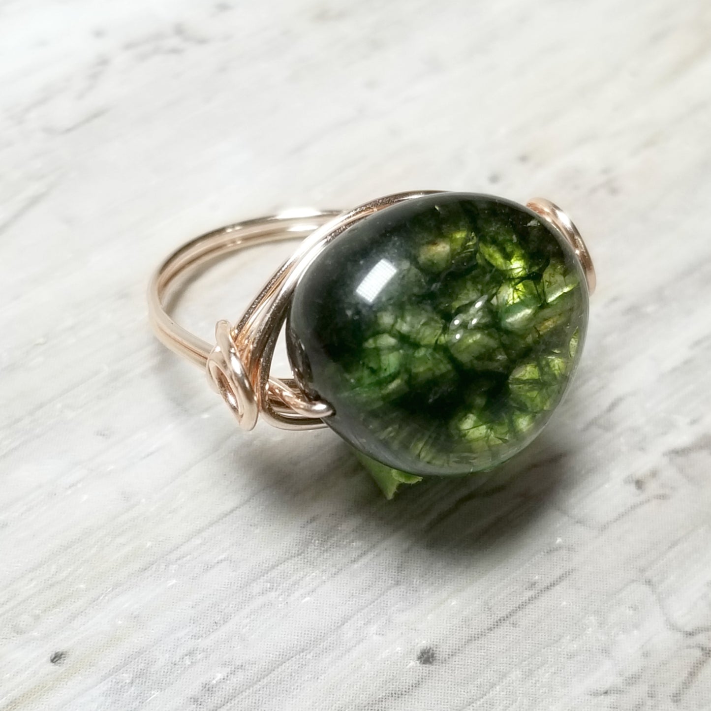 Rose Gold Wrapped Ring, Green Stone Ring