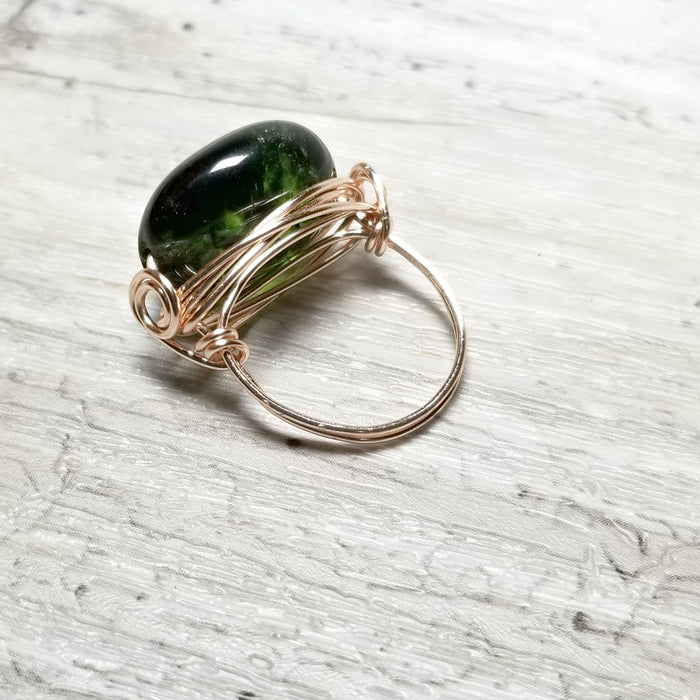 Rose Gold Wrapped Ring, Green Stone Ring - Arkayscreations