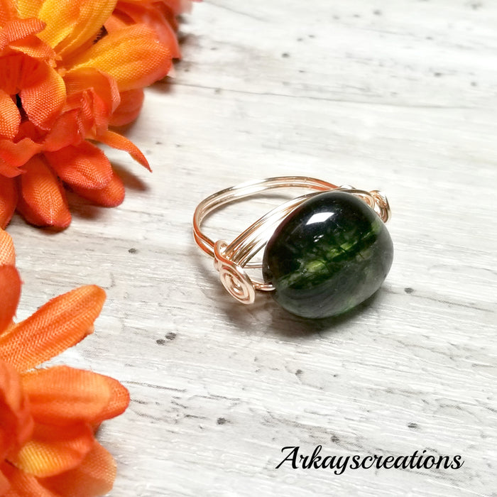 Rose Gold Wrapped Ring, Green Stone Ring - Arkayscreations