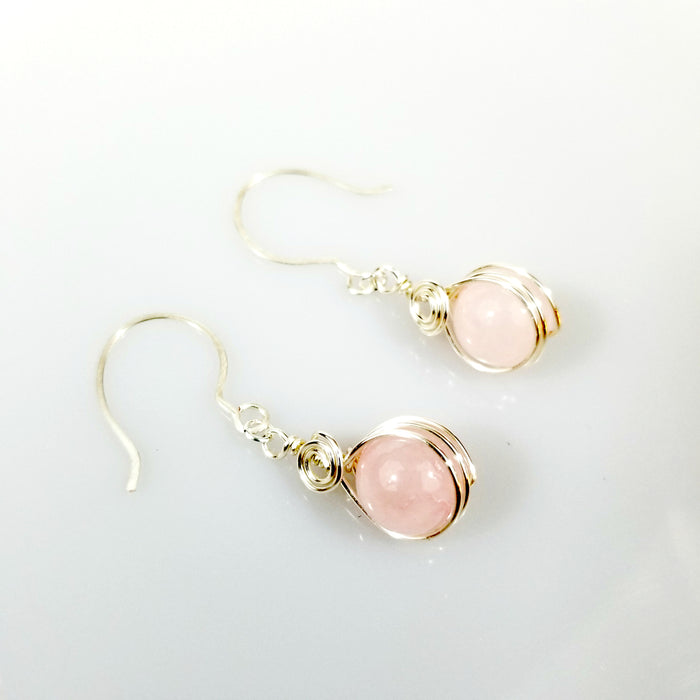 Rose Quartz Earrings, Pink Stone Earrings, Wire Wrapped Jewelry - Arkayscreations