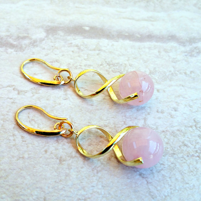 Spiral Rose Quartz Earrings in Gold, Yellow Gold Dangle Earrings, Gift for Her - Arkayscreations