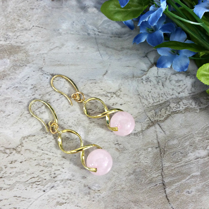 Spiral Rose Quartz Earrings in Gold, Yellow Gold Dangle Earrings, Gift for Her - Arkayscreations