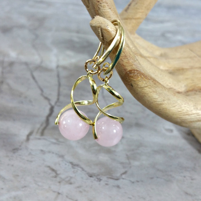 Spiral Rose Quartz Earrings in Gold, Yellow Gold Dangle Earrings, Gift for Her - Arkayscreations