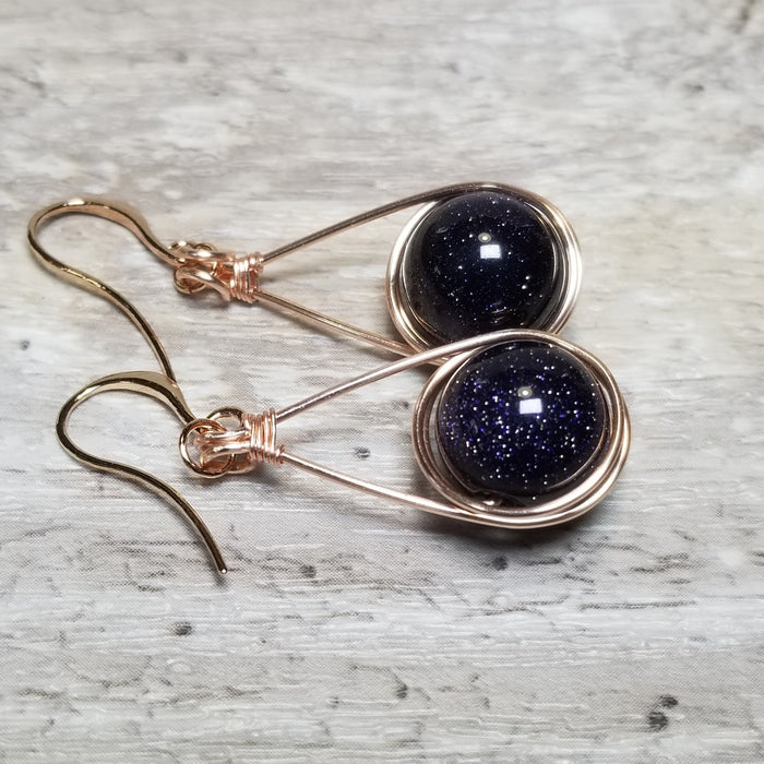 Rose Gold Blue Goldstone Galaxy Earrings ~ Arkayscreations