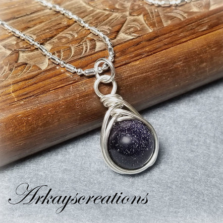 Sterling Silver Blue Goldstone Necklace, Herringbone Jewelry - Arkayscreations