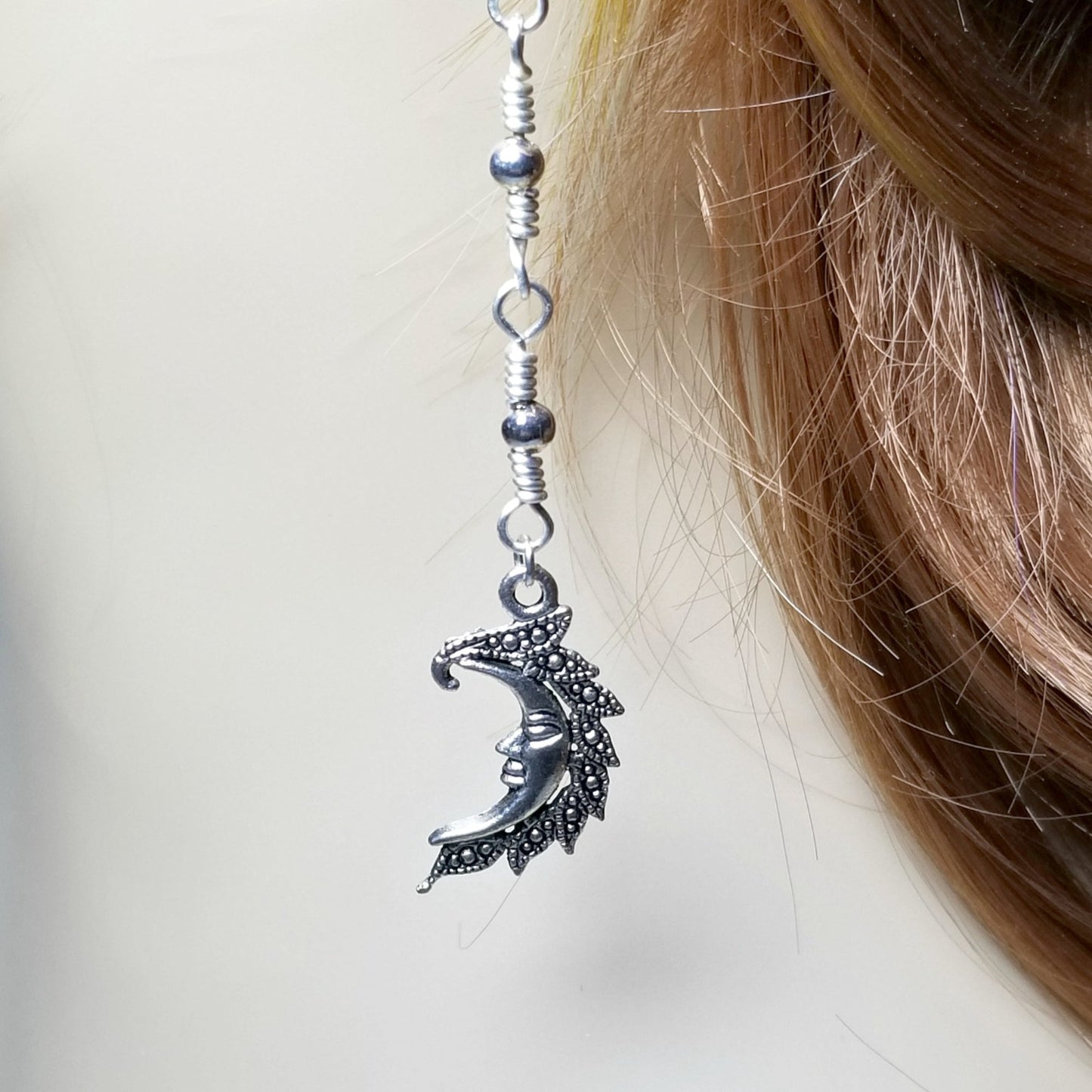 Silver Crescent Moon Earrings, Extra Long Earrings Shoulder Length