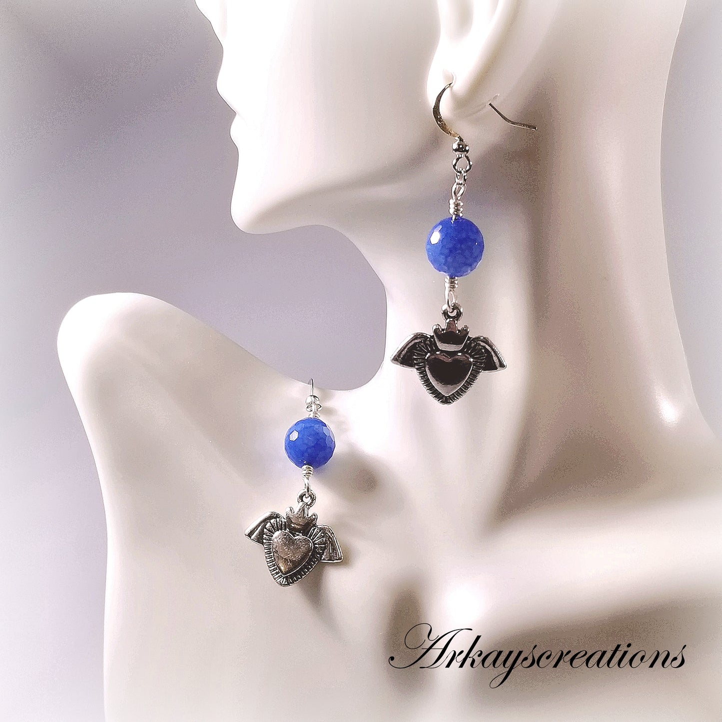 Silver Heart Earrings, Sacred Heart, Angel Wing Jewelry