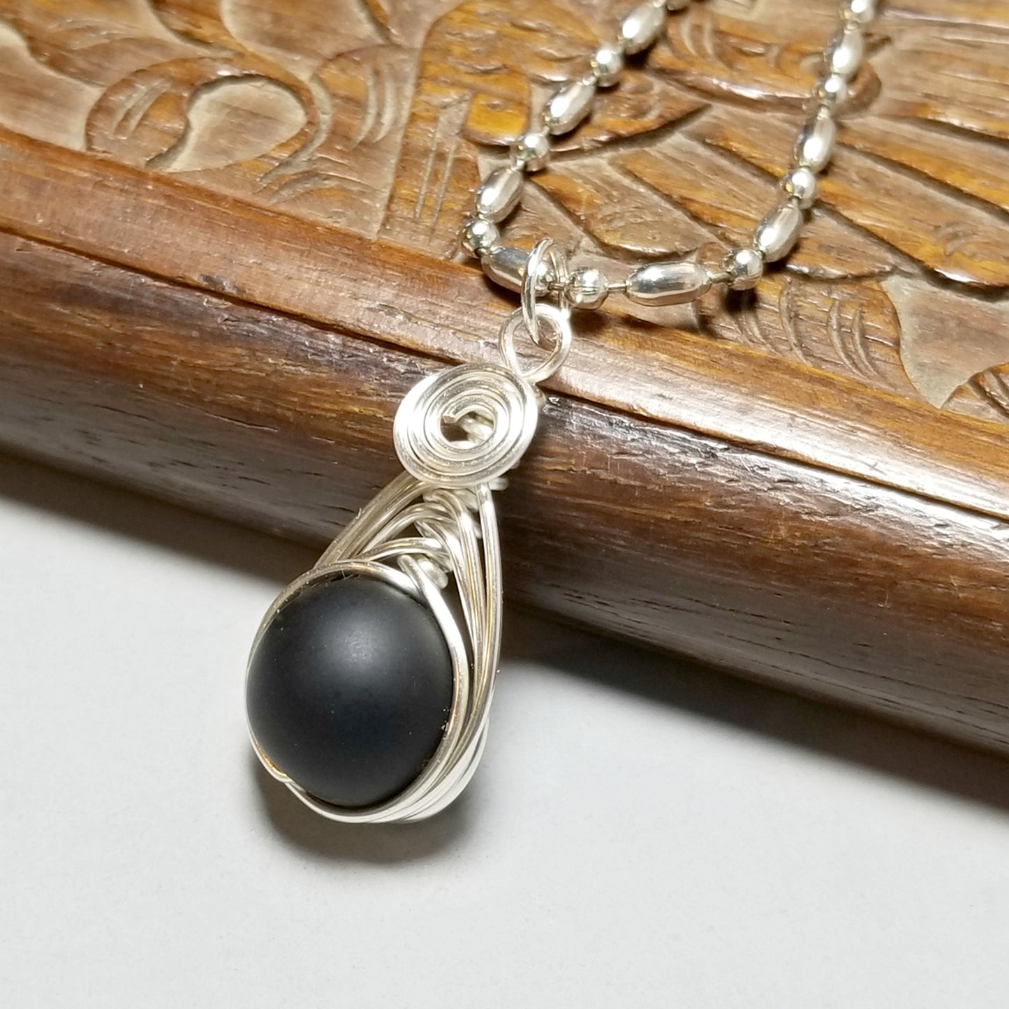 Silver Herringbone Jewelry, Matt Black Onyx Necklace