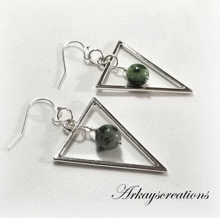 Silver Ruby Zoisite Triangle Earrings, Bohemian Jewelry - Arkayscreations