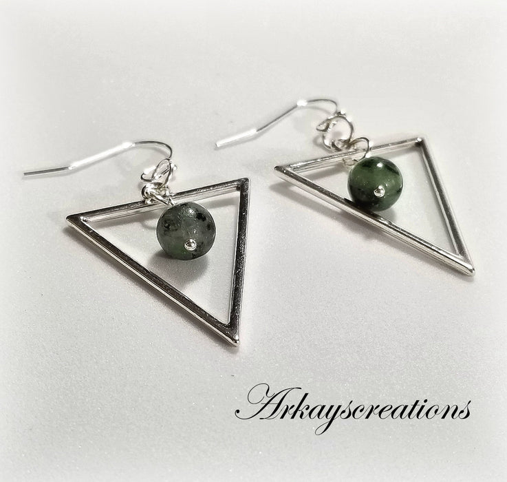 Silver Ruby Zoisite Triangle Earrings, Bohemian Jewelry - Arkayscreations