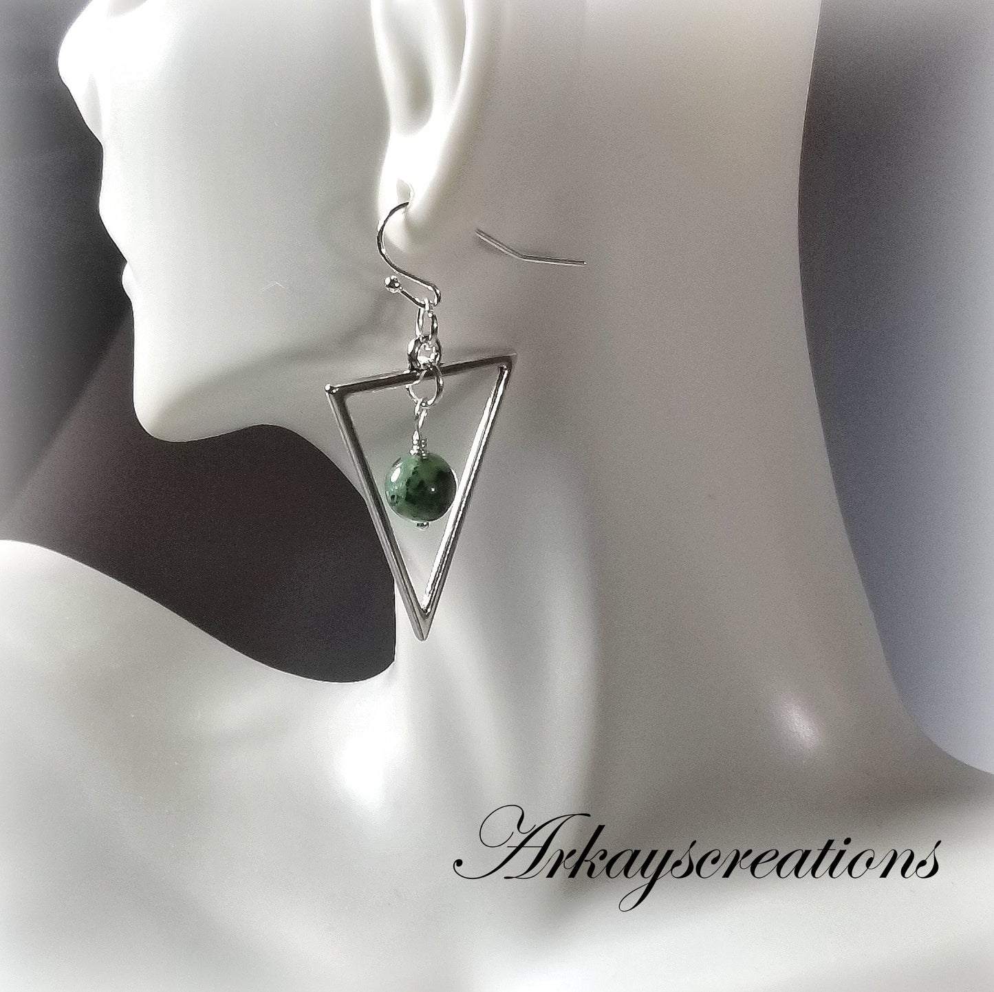 Silver Ruby Zoisite Triangle Earrings, Bohemian Jewelry
