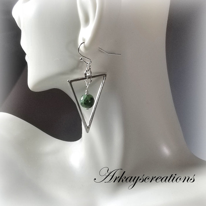 Silver Ruby Zoisite Triangle Earrings, Bohemian Jewelry - Arkayscreations