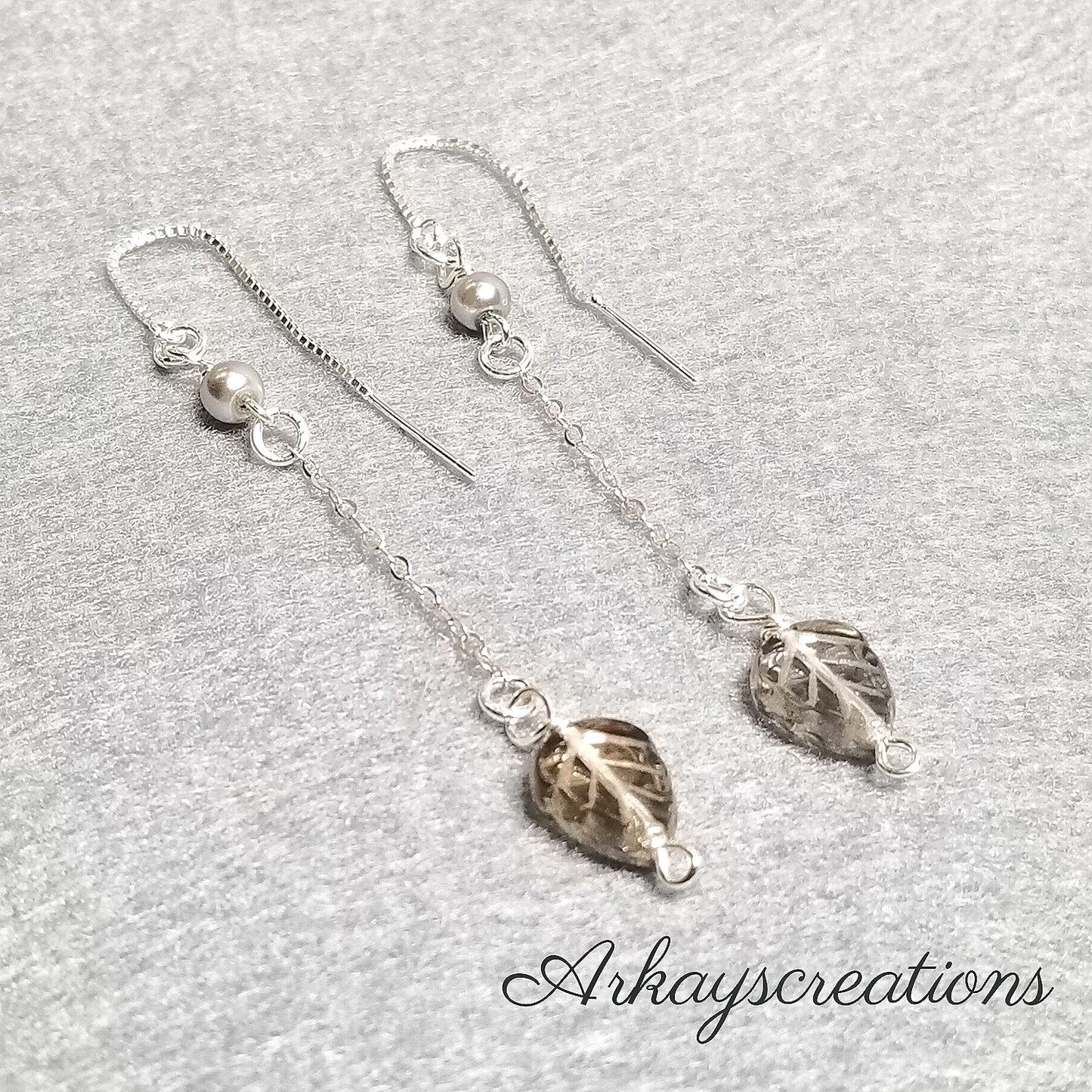 Threader Earrings Silver, Leaf Long Dangle Chain Earrings, Sterling Silver Jewelry