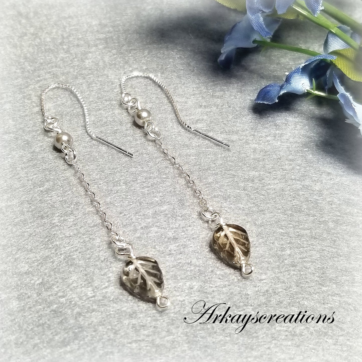 Threader Earrings Silver, Leaf Long Dangle Chain Earrings, Sterling Silver Jewelry