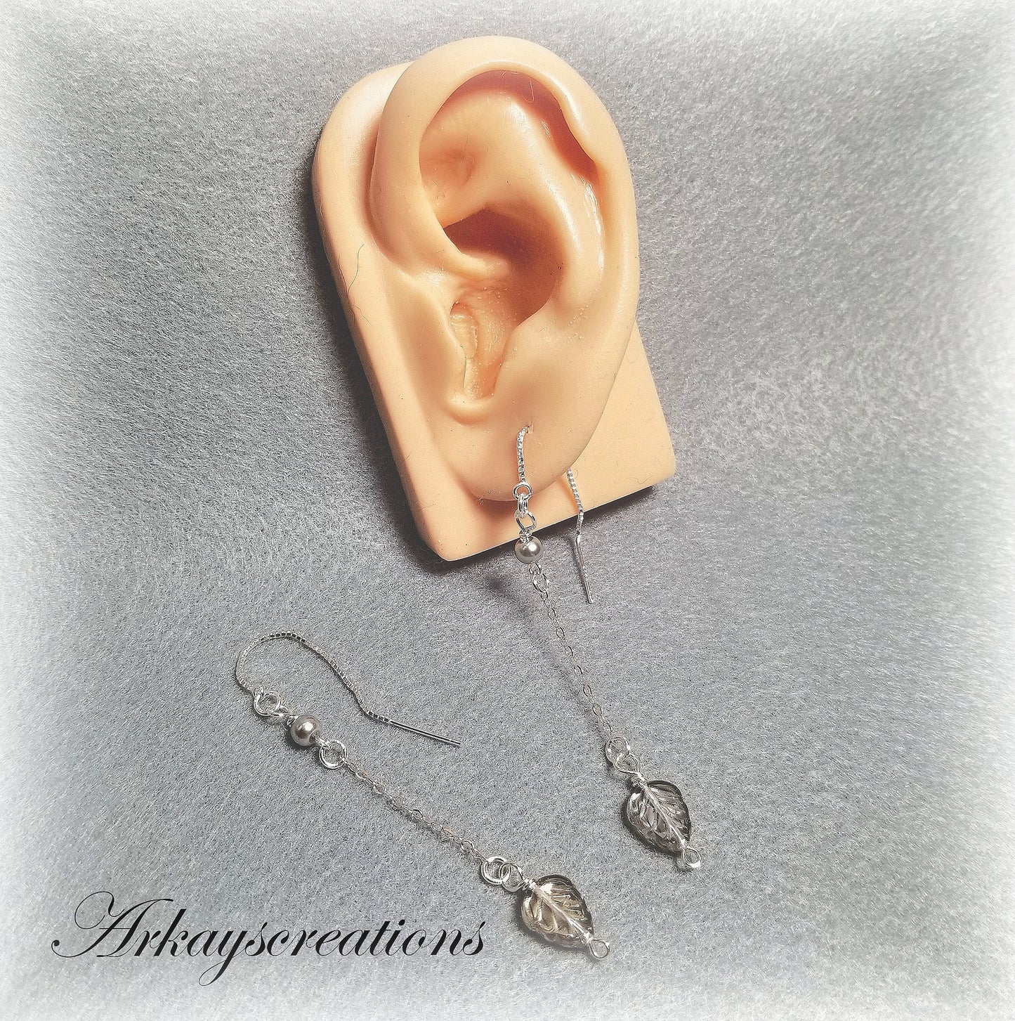 Threader Earrings Silver, Leaf Long Dangle Chain Earrings, Sterling Silver Jewelry