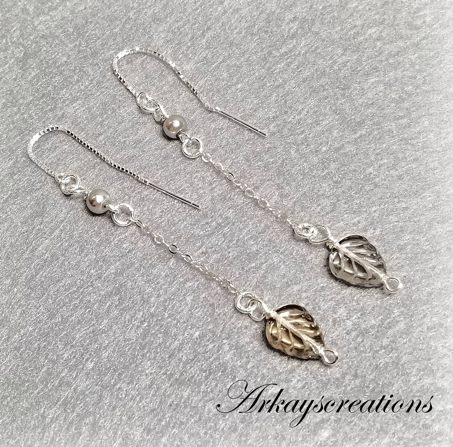 Threader Earrings Silver, Leaf Long Dangle Chain Earrings, Sterling Silver Jewelry