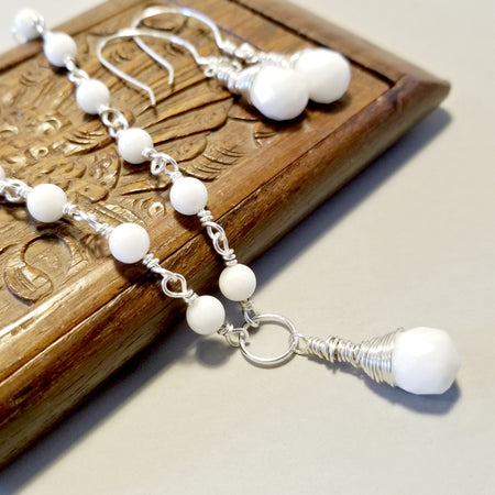 White Teardrop Necklace, Necklace Set, White Dangle Earrings - Arkayscreations