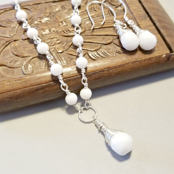 White Teardrop Necklace, Necklace Set, White Dangle Earrings - Arkayscreations