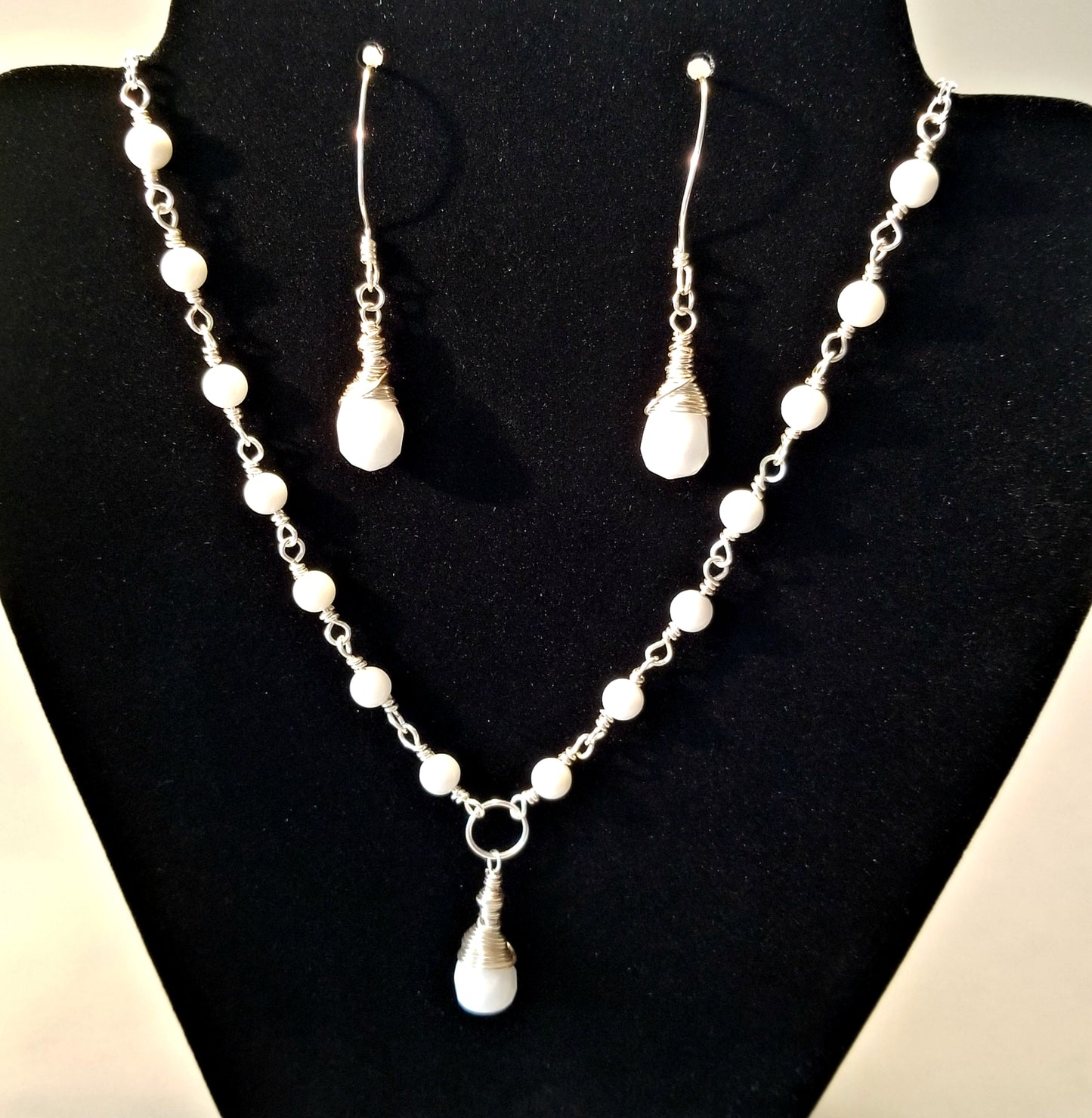 White Teardrop Necklace, Necklace Set, White Dangle Earrings