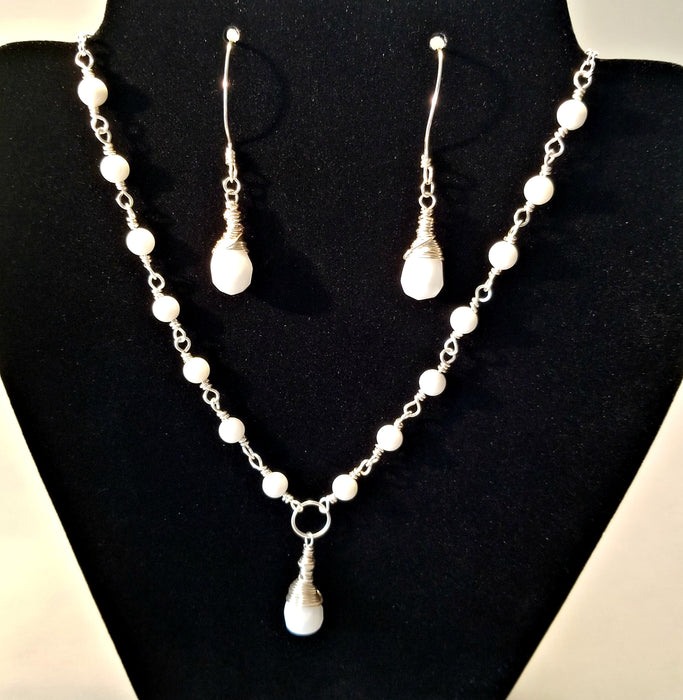 White Teardrop Necklace, Necklace Set, White Dangle Earrings - Arkayscreations