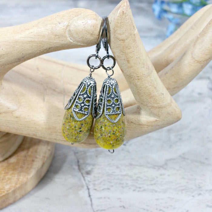Vintage Style Japanese Spatter Bead Drop Earrings in Sunny Yellow ~ Arkayscreations