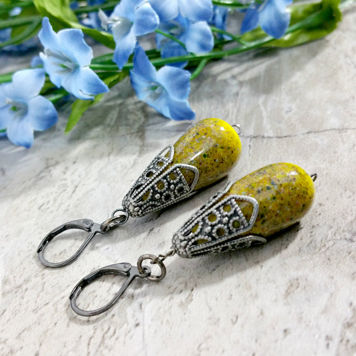 Vintage Style Japanese Spatter Bead Drop Earrings in Sunny Yellow ~ Arkayscreations