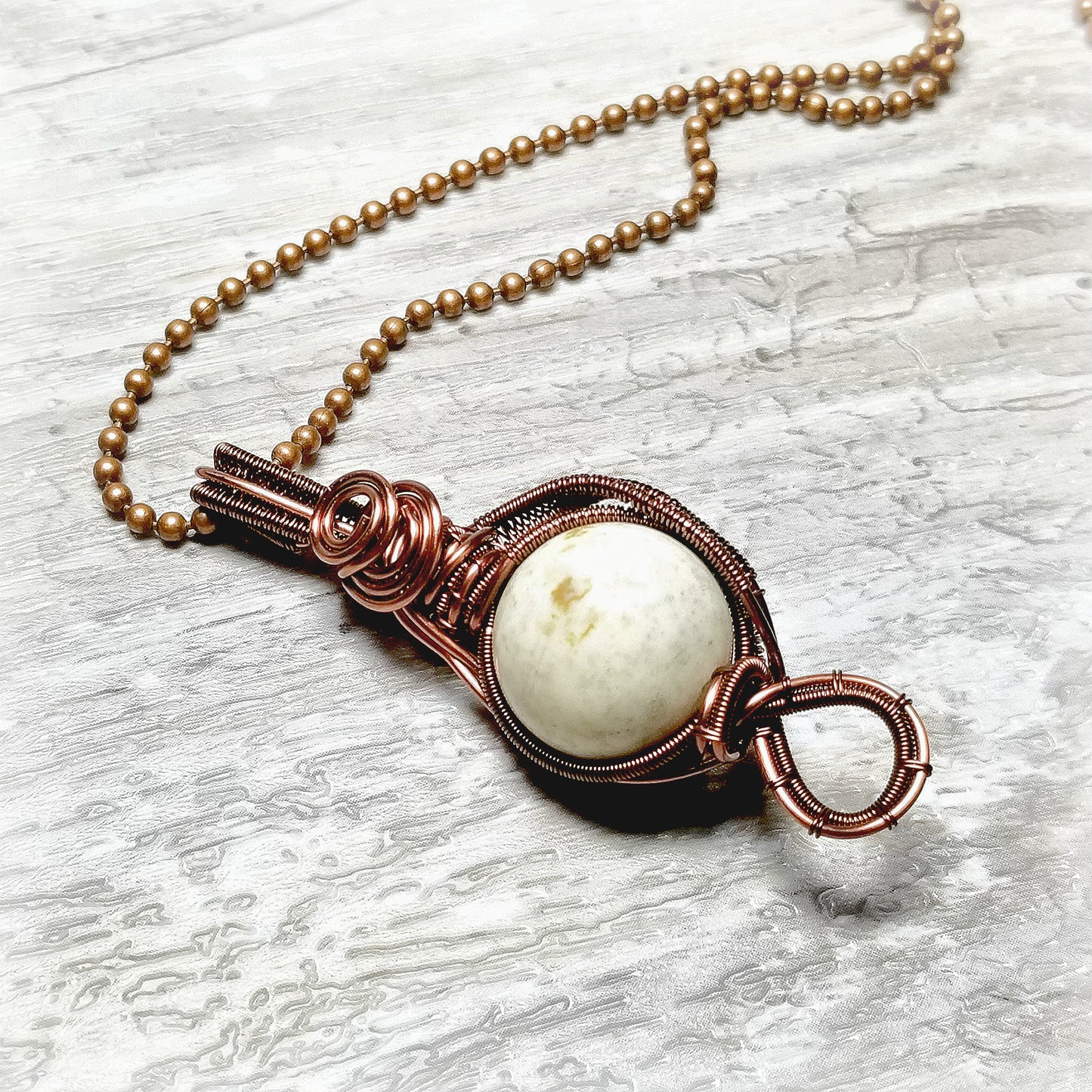 White Howlite Wire Wrapped Necklace, Copper Jewelry