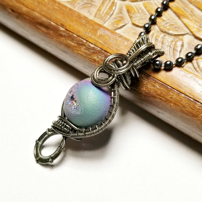Wire Weave Agate Druzy Necklace, Black Jewelry - Arkayscreations