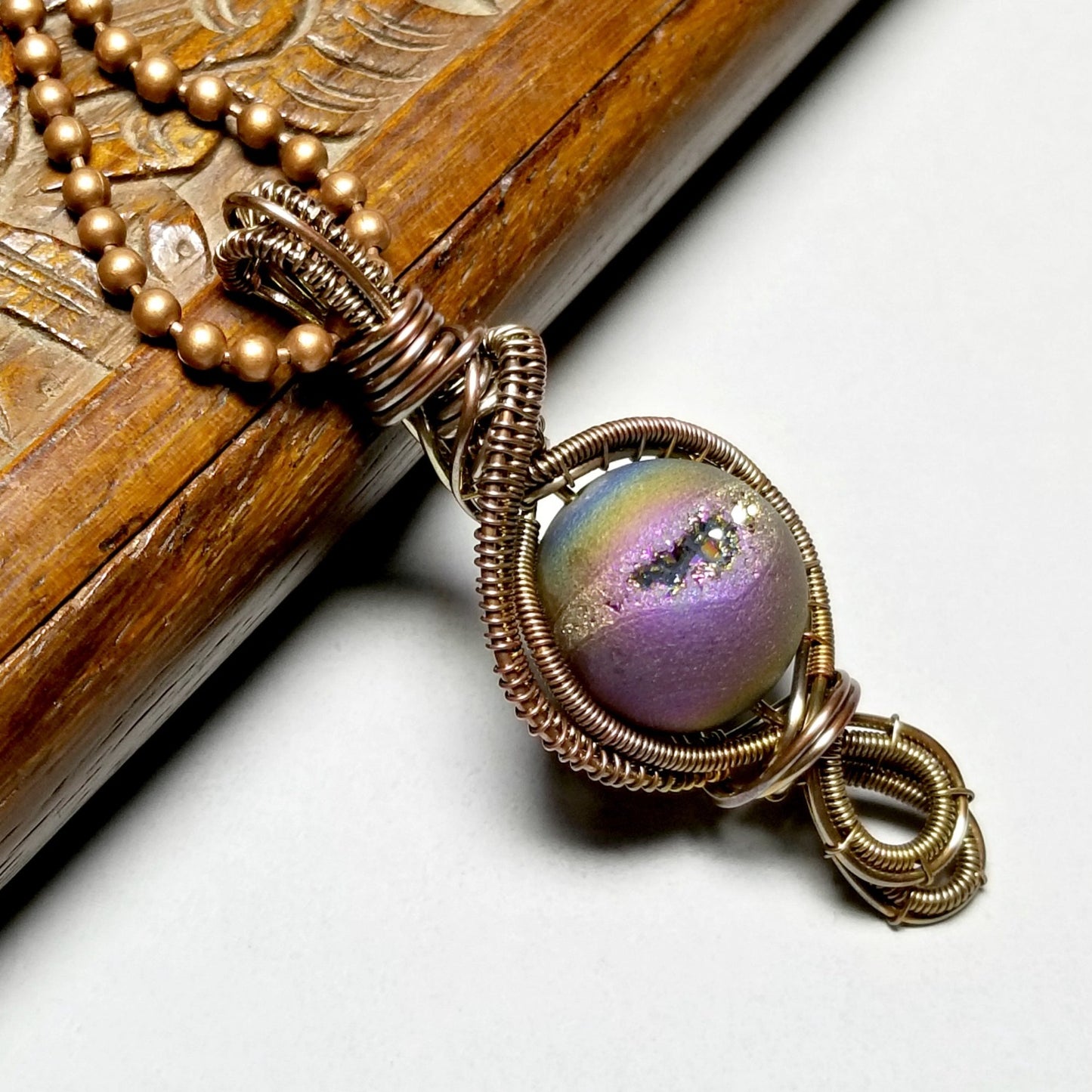 Wire Weave Agate Druzy Necklace, Peacock Color Jewelry
