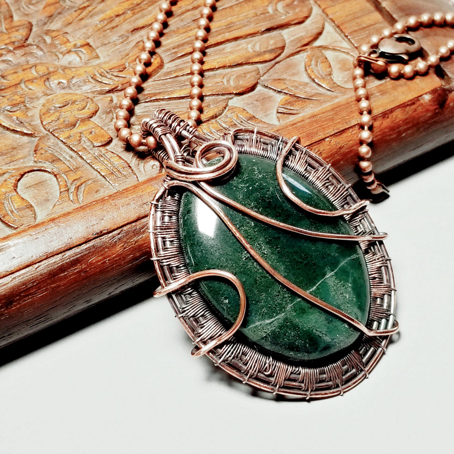 Wire Woven Copper Jewelry, Green Stone Pendant