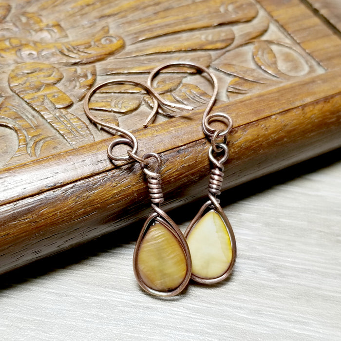 Wire Wrap Drop Earrings, Copper Wire Jewelry, Brown Teardrop Earrings - Arkayscreations