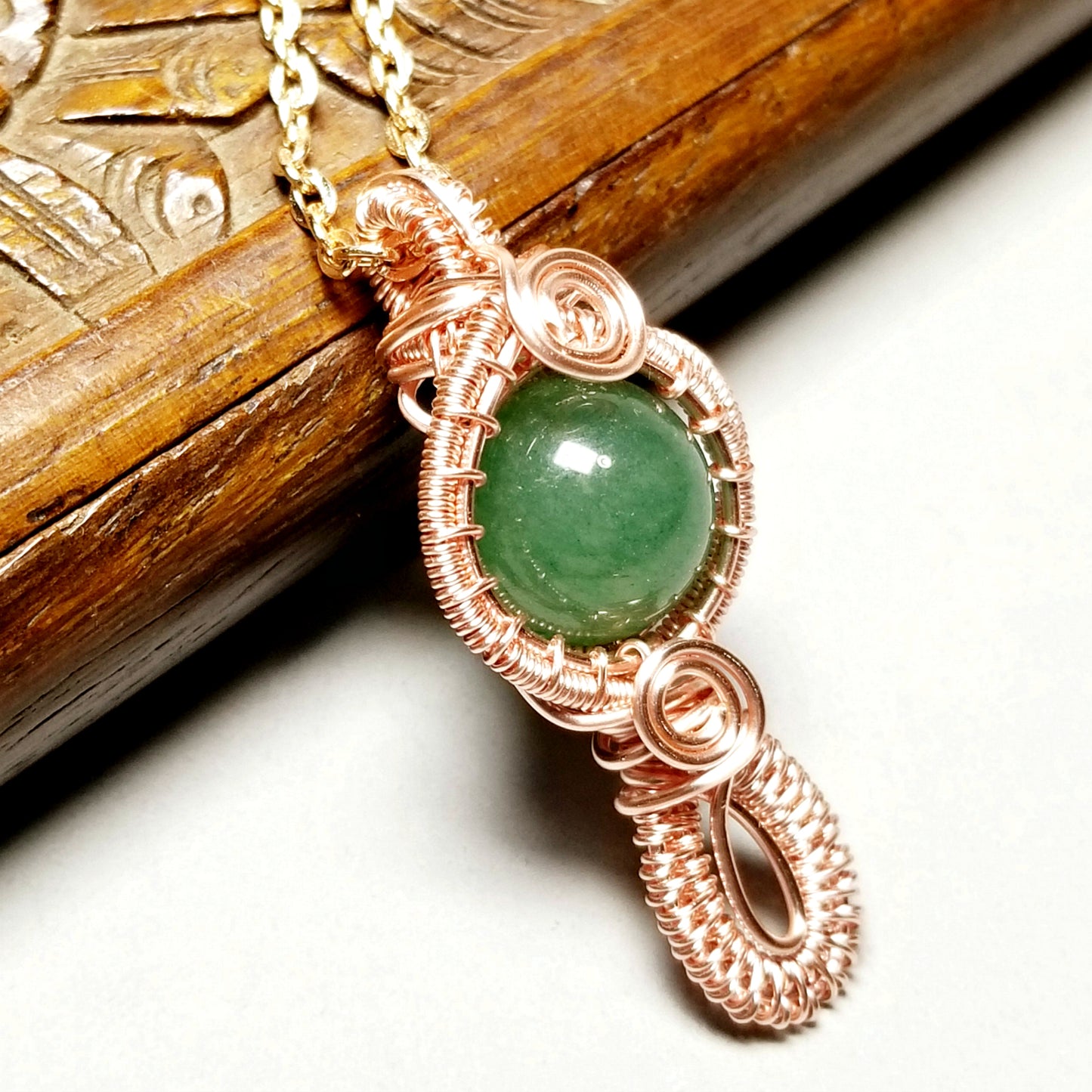 Rose Gold Wire Wrapped Aventurine Pendant, Green Gemstone Jewelry
