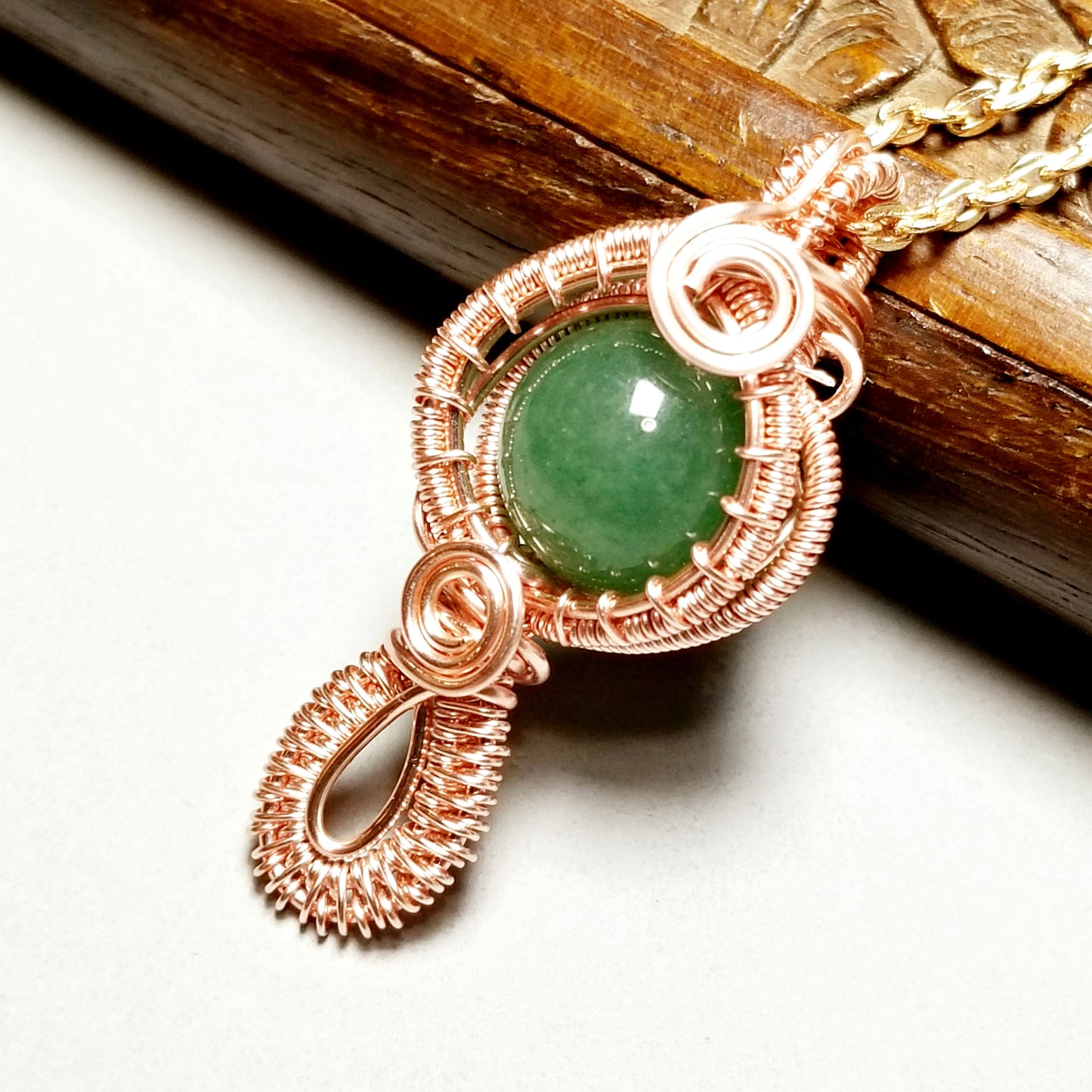 Rose Gold Wire Wrapped Aventurine Pendant, Green Gemstone Jewelry