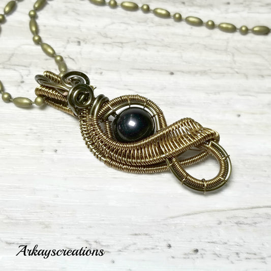 Wire Wrapped Black Obsidian Necklace, Wire Weave Jewelry