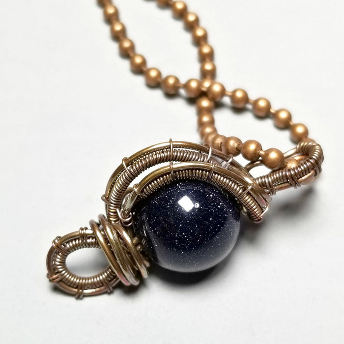 Wire Wrapped Blue Goldstone Pendant, Stone Necklace - Arkayscreations