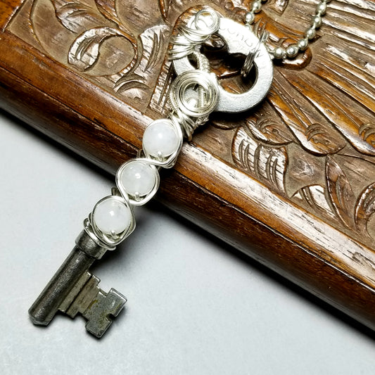 Wire Wrapped Key Necklace, Moonstone Jewelry Silver