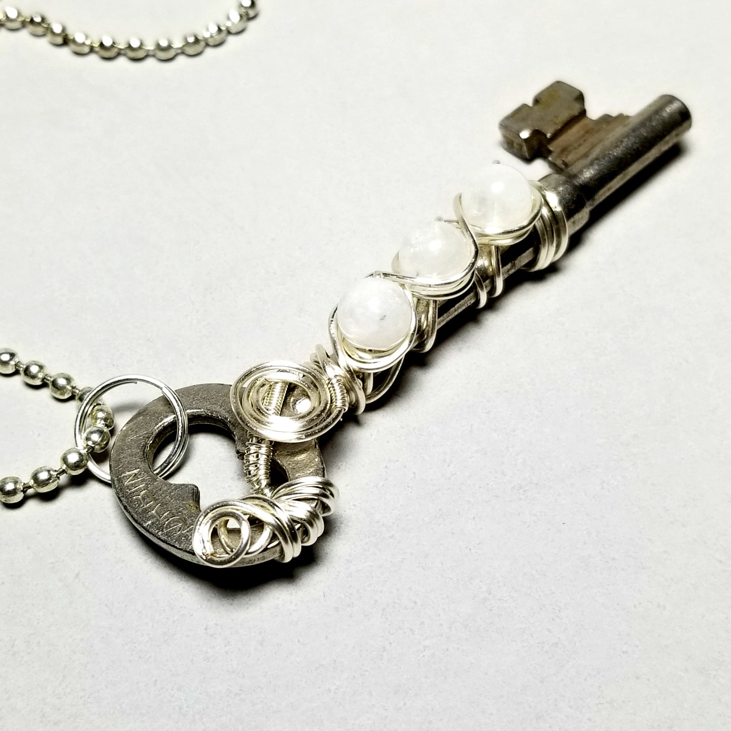 Wire Wrapped Key Necklace, Moonstone Jewelry Silver