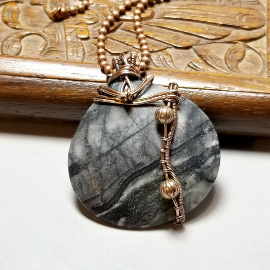 Wire Wrapped Marble Pendant Necklace, Gray Jewelry