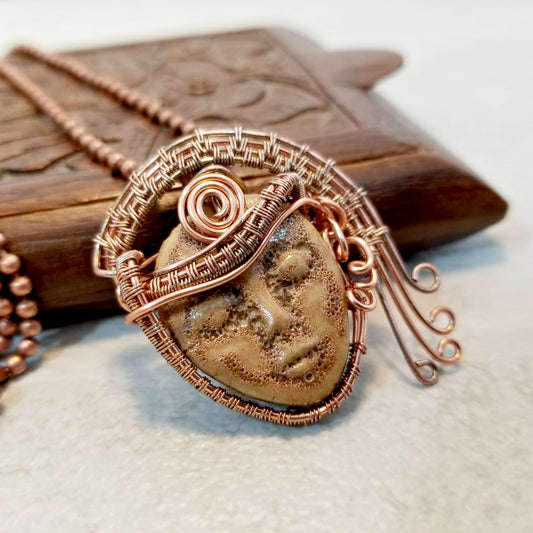 Wire Wrapped Moon Face Pendant Necklace, Goddess Jewelry