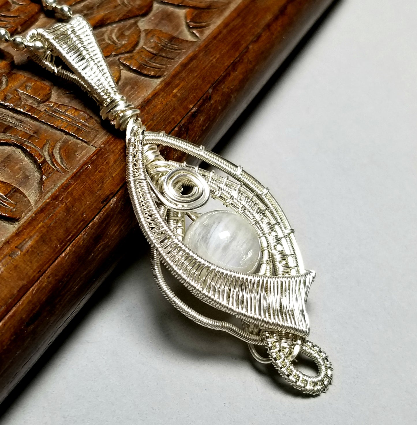 Wire Wrapped Moonstone Necklace Silver, Wire Weaved Jewelry