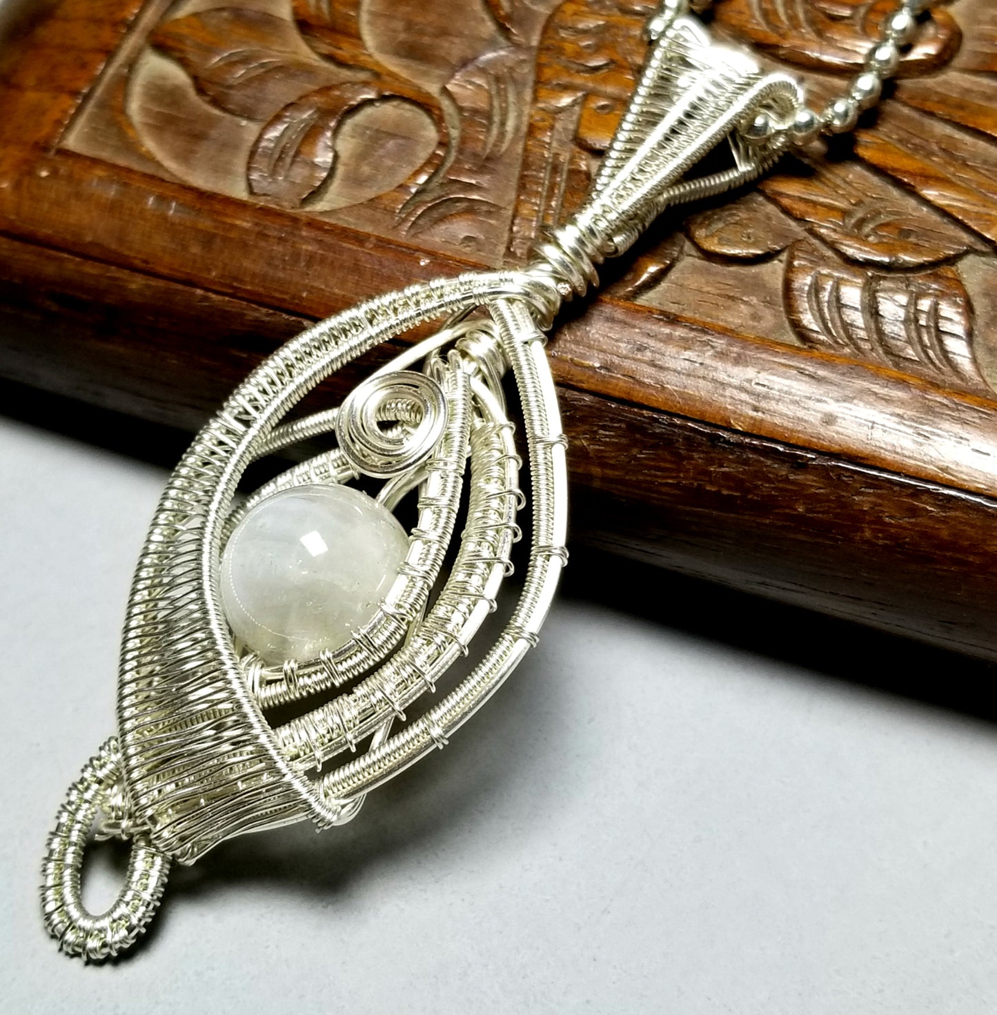 Wire Wrapped Moonstone Necklace Silver, Wire Weaved Jewelry