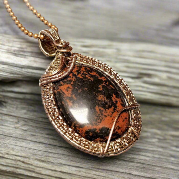 Wire Weave Mahogany Obsidian Pendant Necklace ~ Arkayscreations