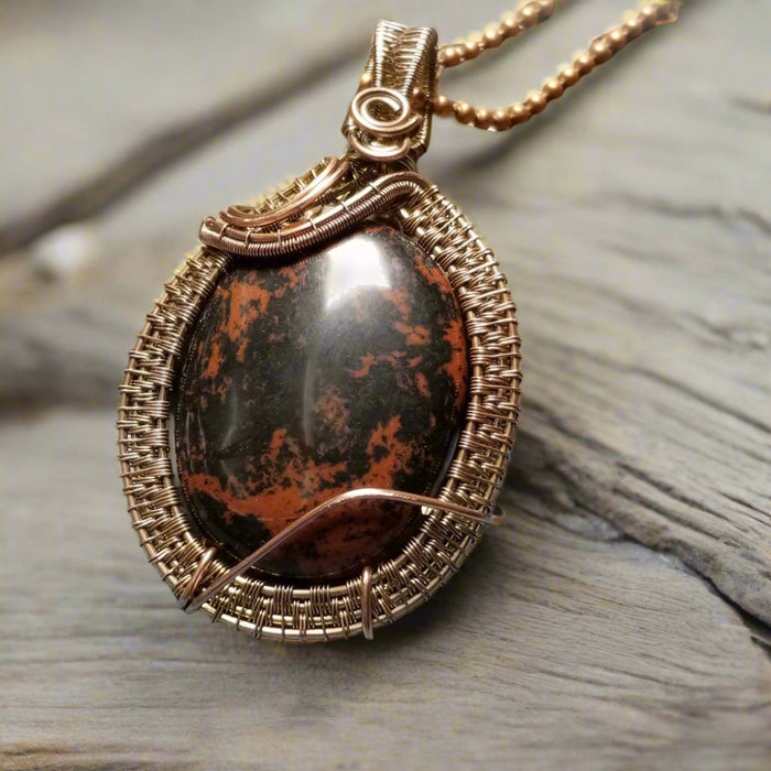 Wire Weave Mahogany Obsidian Pendant Necklace ~ Arkayscreations
