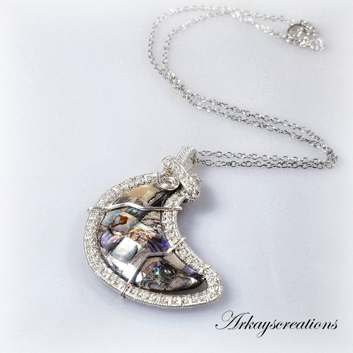 Wire Wrapped Abalone Moon Pendant - Arkayscreations