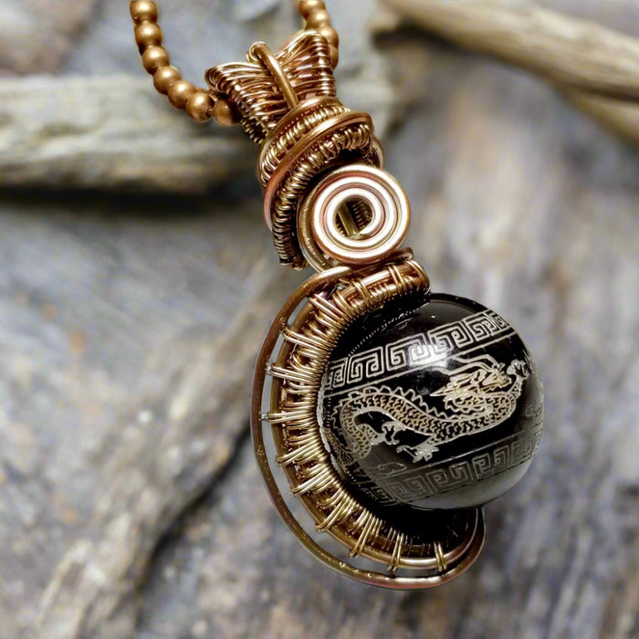 Wire Wrapped Etched Stone Dragon Necklace ~ Arkayscreations