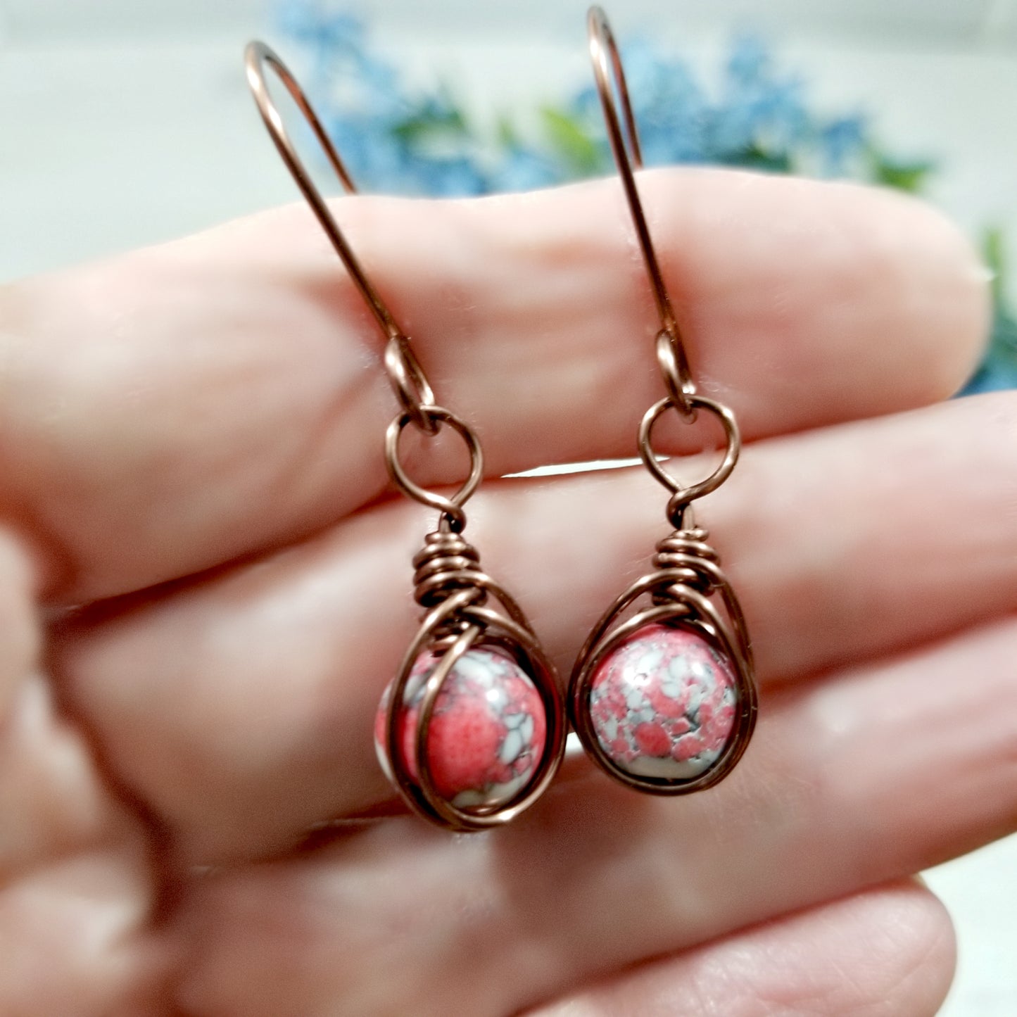 Unique Copper Red Mosiac Earrings, Herringbone Jewelry, Gift